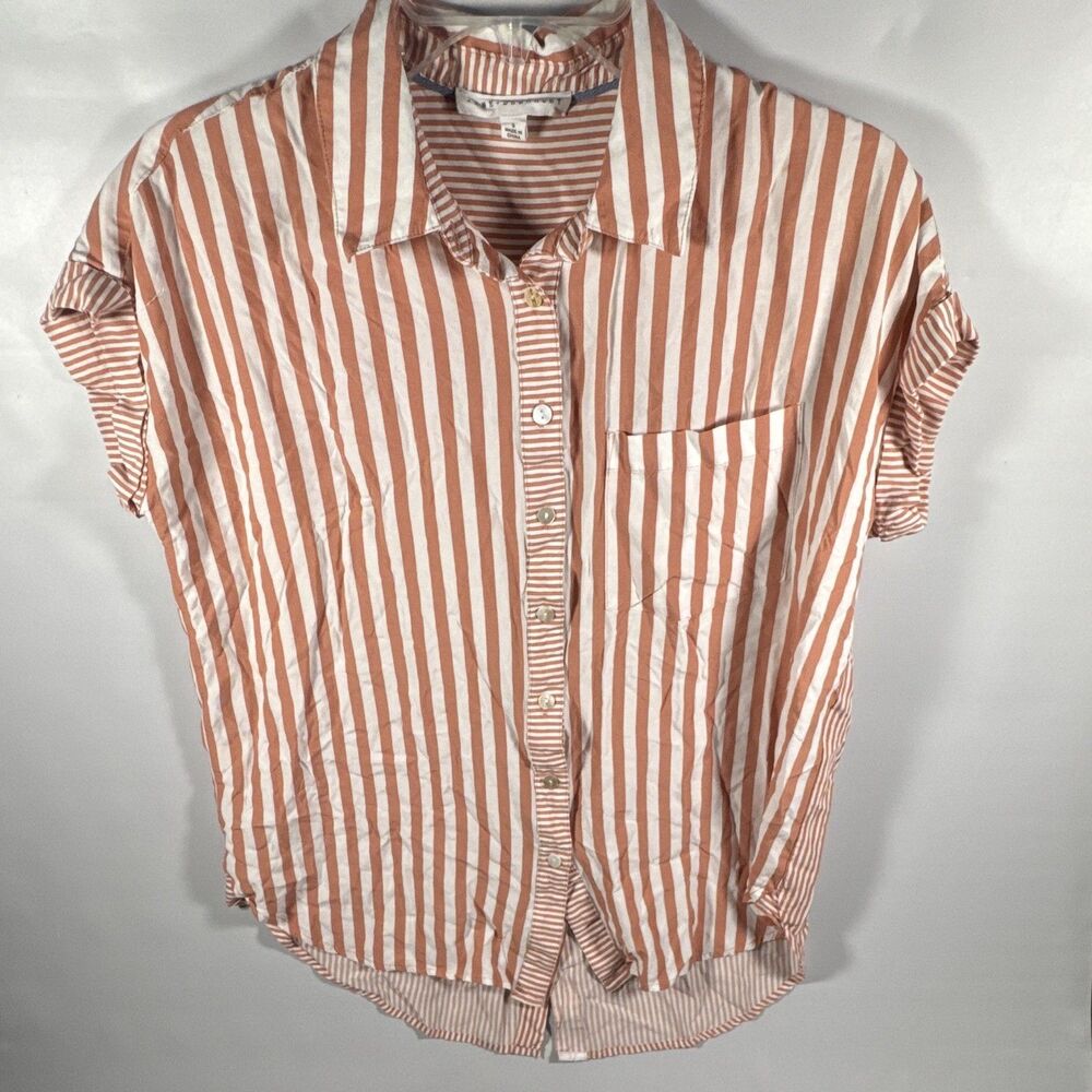JANE + DELANCEY Women's S Brown/White Striped Collared Short Sleeve Button-Up